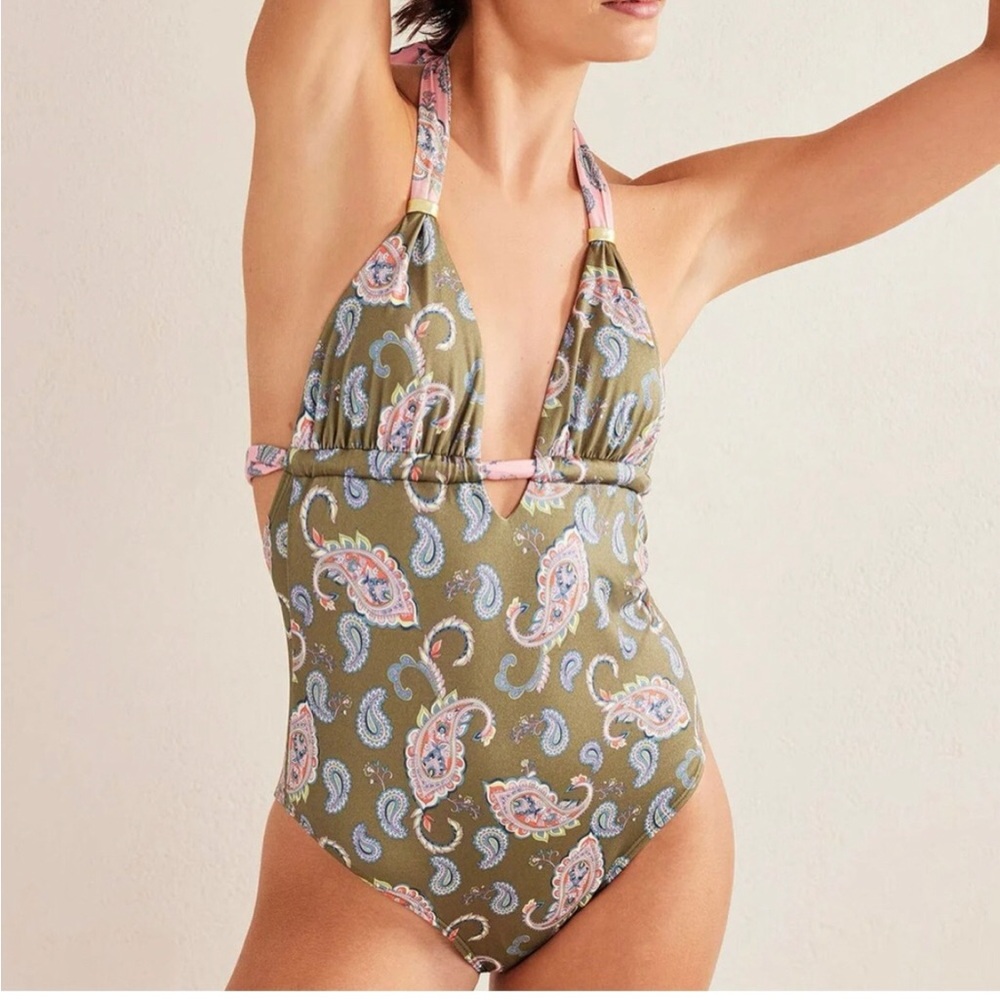 Boden Gather Halter Green Paisley Pink Boho Tie Ruched One Piece Swimsuit sz 10